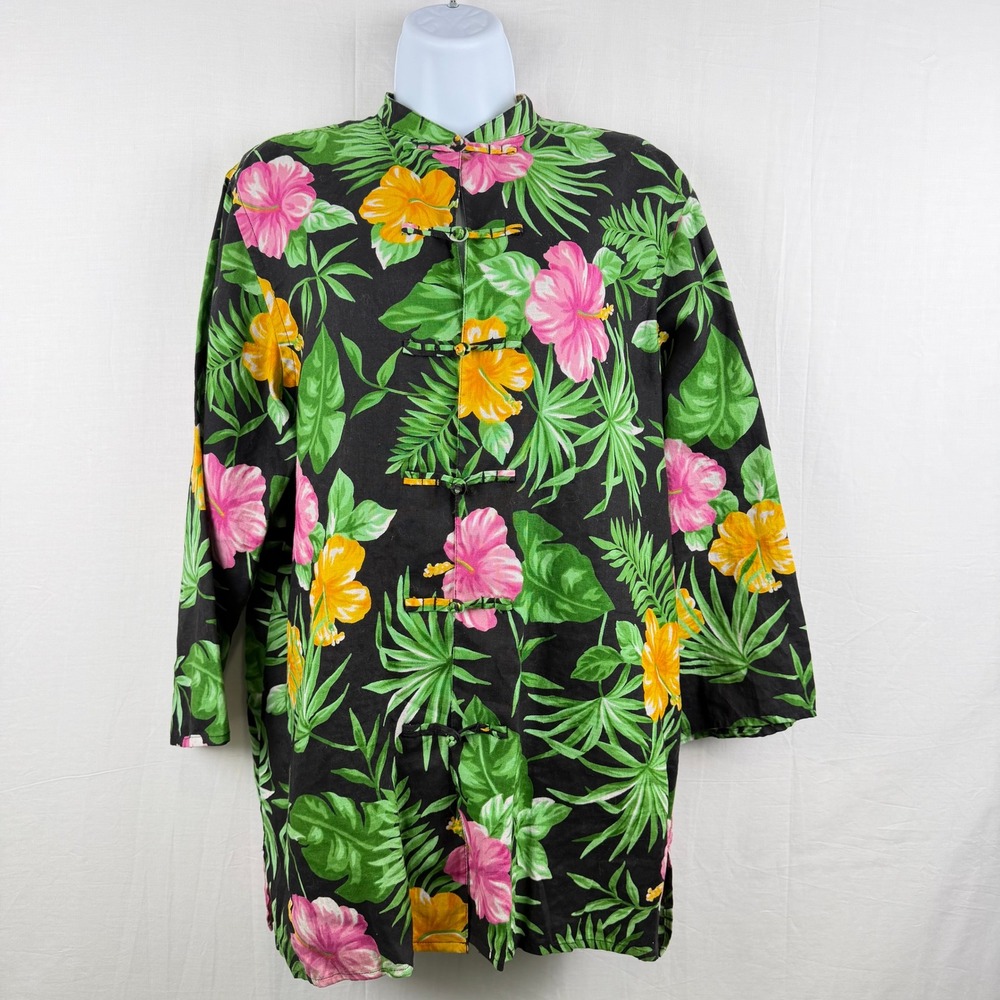 Lauren Ralph Lauren Linen Tropical Hibiscus Frog Toggle Mandarin Jacket L Black